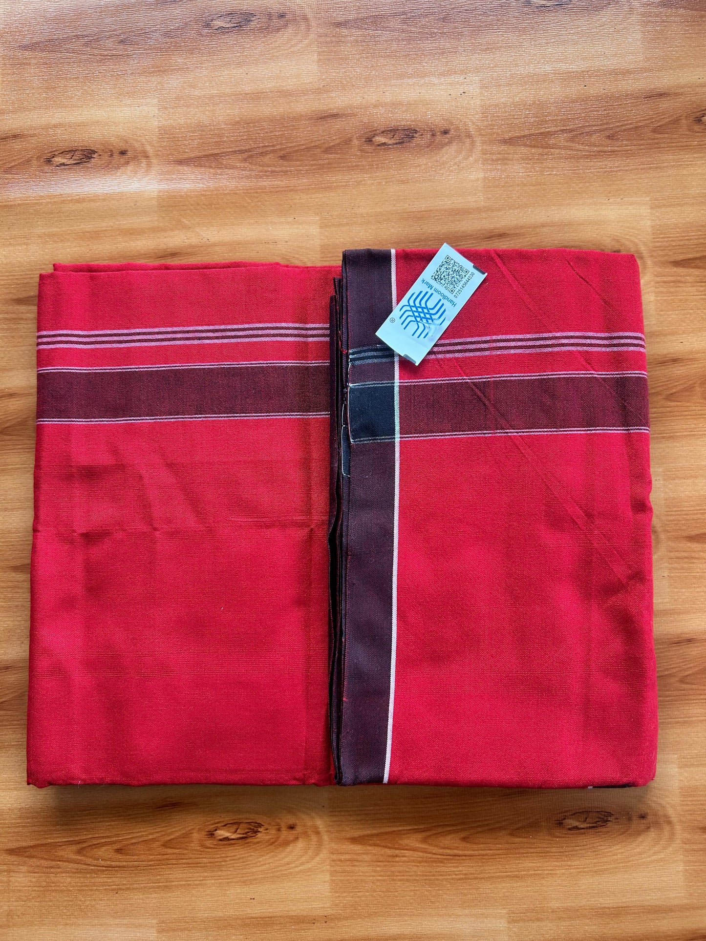 Red Lungi Handloom - KaithariKada Kerala Handloom Single Mundu/Dhoti - Mixed Cotton 2/60x40s Thread - Red Body 1.25 inch Black White Striped Kara - 6 KK8073 KAL
