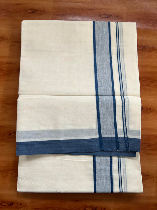 Double Off White Mundu/Dhoti- 20% Discount! KaithariKada Balaramapuram 100% Cotton - 60s - 1.25 inch Blue Shaded Kara 4 mtr (8.5 muzham) - 14 KK5398 PMC