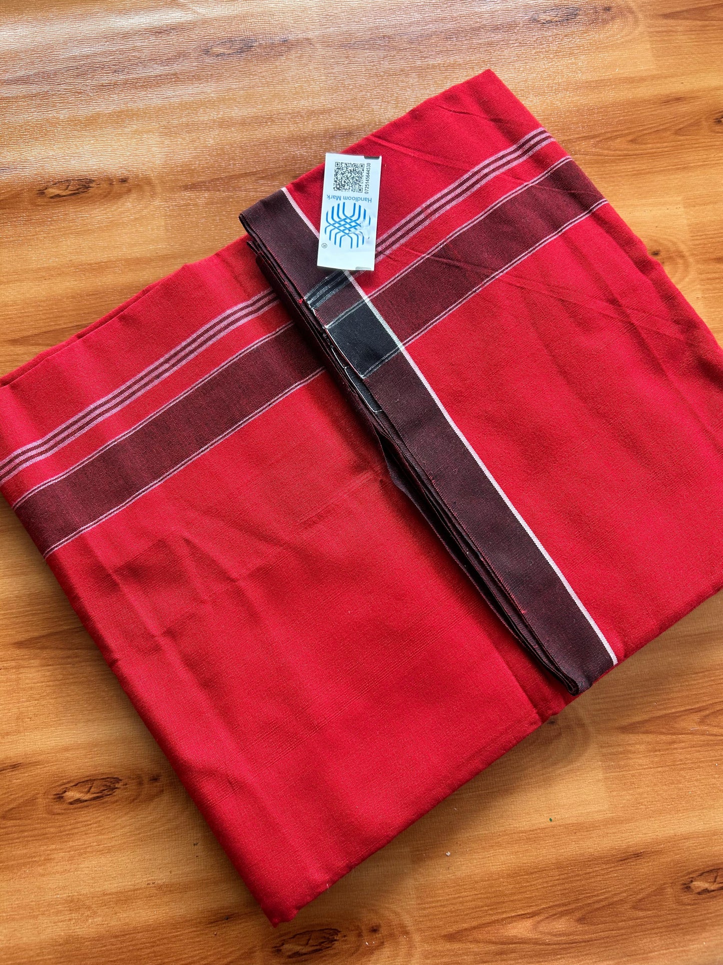 Red Lungi Handloom - KaithariKada Kerala Handloom Single Mundu/Dhoti - Mixed Cotton 2/60x40s Thread - Red Body 1.25 inch Black White Striped Kara - 6 KK8073 KAL