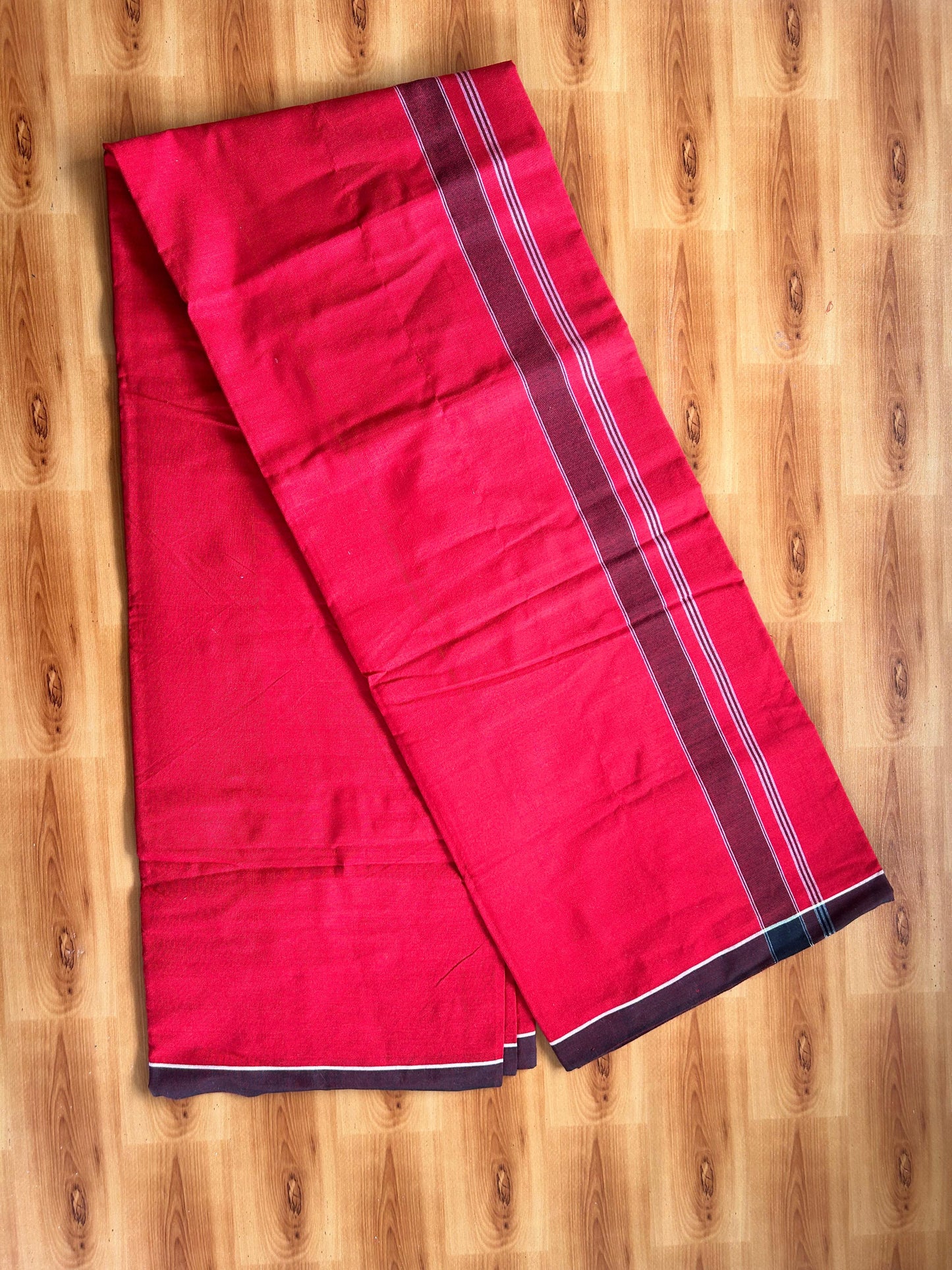 Red Lungi Handloom - KaithariKada Kerala Handloom Single Mundu/Dhoti - Mixed Cotton 2/60x40s Thread - Red Body 1.25 inch Black White Striped Kara - 6 KK8073 KAL