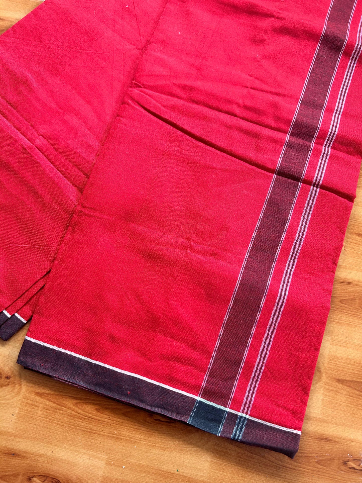Red Lungi Handloom - KaithariKada Kerala Handloom Single Mundu/Dhoti - Mixed Cotton 2/60x40s Thread - Red Body 1.25 inch Black White Striped Kara - 6 KK8073 KAL