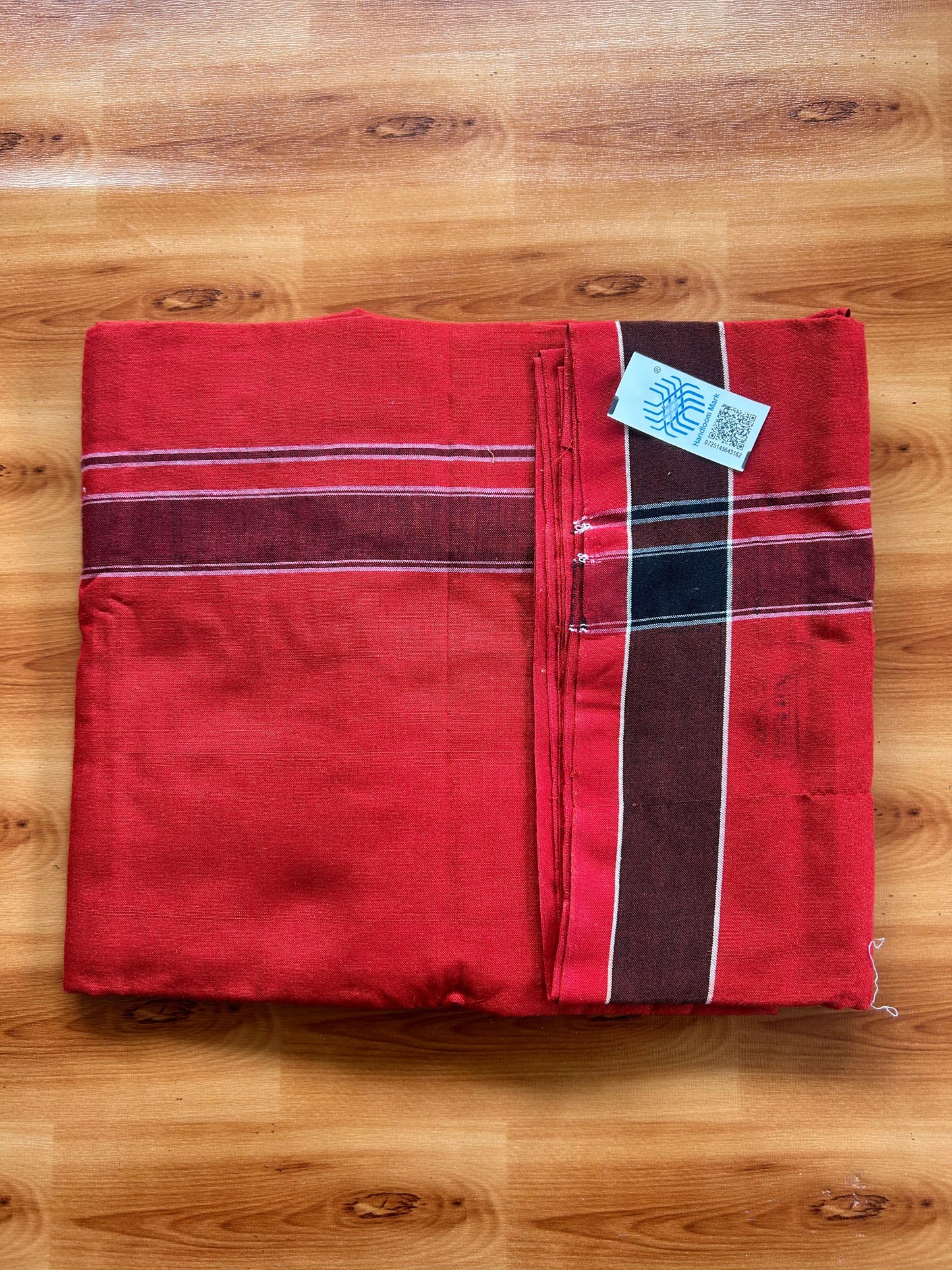 Orange Red Lungi Handloom - KaithariKada Kerala Handloom Single Mundu/Dhoti - Mixed Cotton 2/60x40s Thread - Red Body 1.25 inch Black White Striped Kara - 7 KK8073 KAL