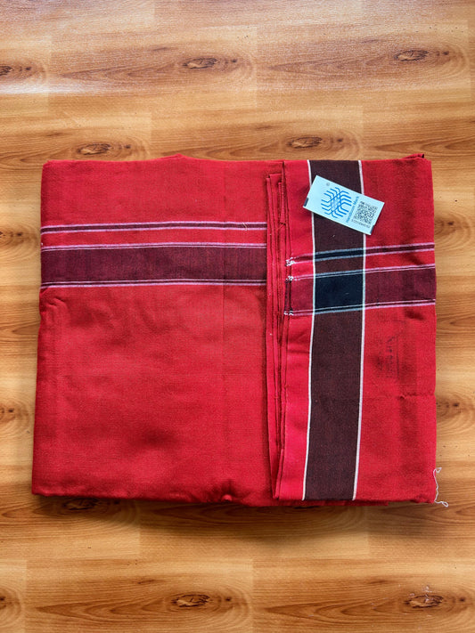 Orange Red Lungi Handloom - KaithariKada Kerala Handloom Single Mundu/Dhoti - Mixed Cotton 2/60x40s Thread - Red Body 1.25 inch Black White Striped Kara - 7 KK8073 KAL