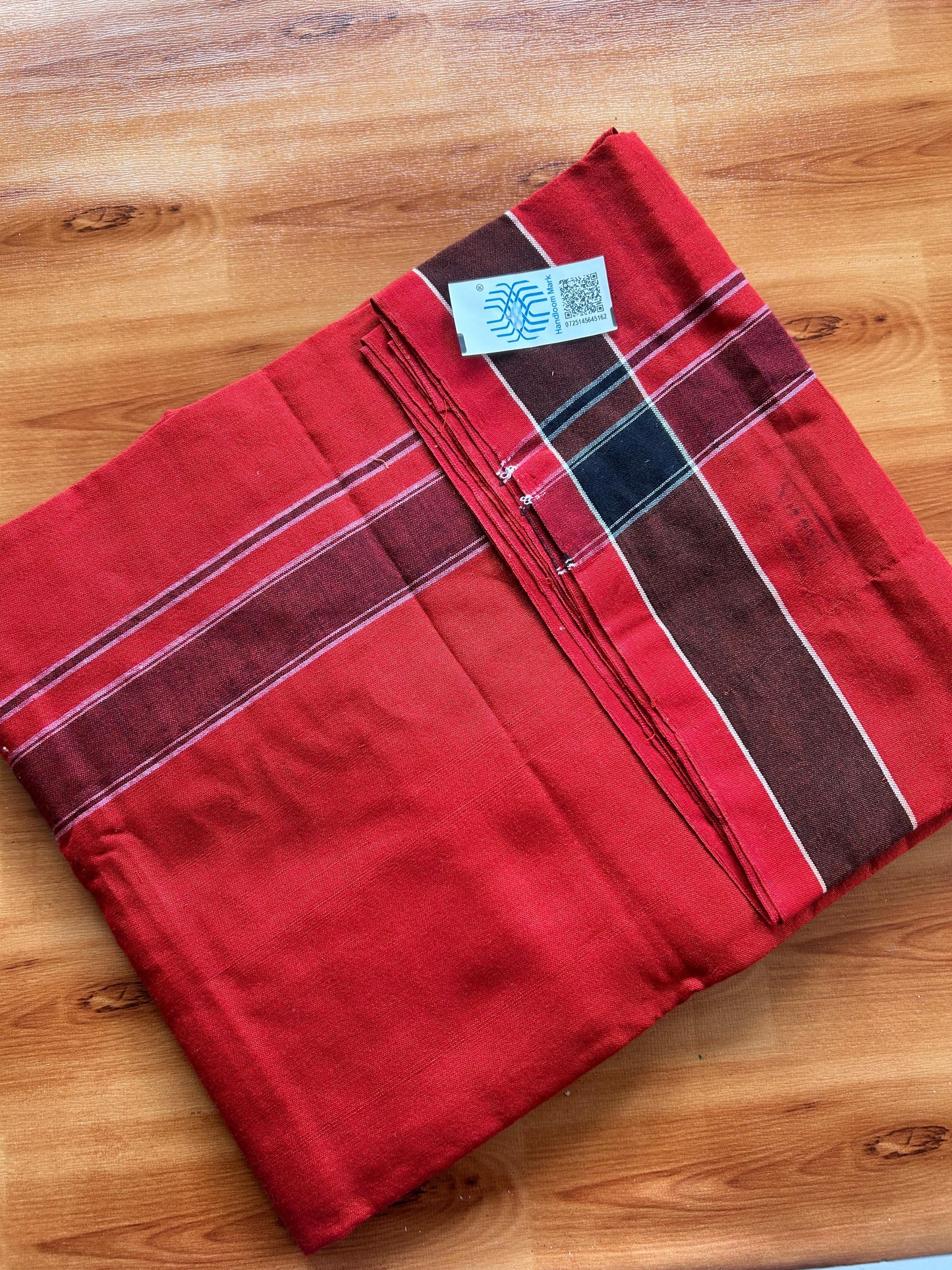 Orange Red Lungi Handloom - KaithariKada Kerala Handloom Single Mundu/Dhoti - Mixed Cotton 2/60x40s Thread - Red Body 1.25 inch Black White Striped Kara - 7 KK8073 KAL
