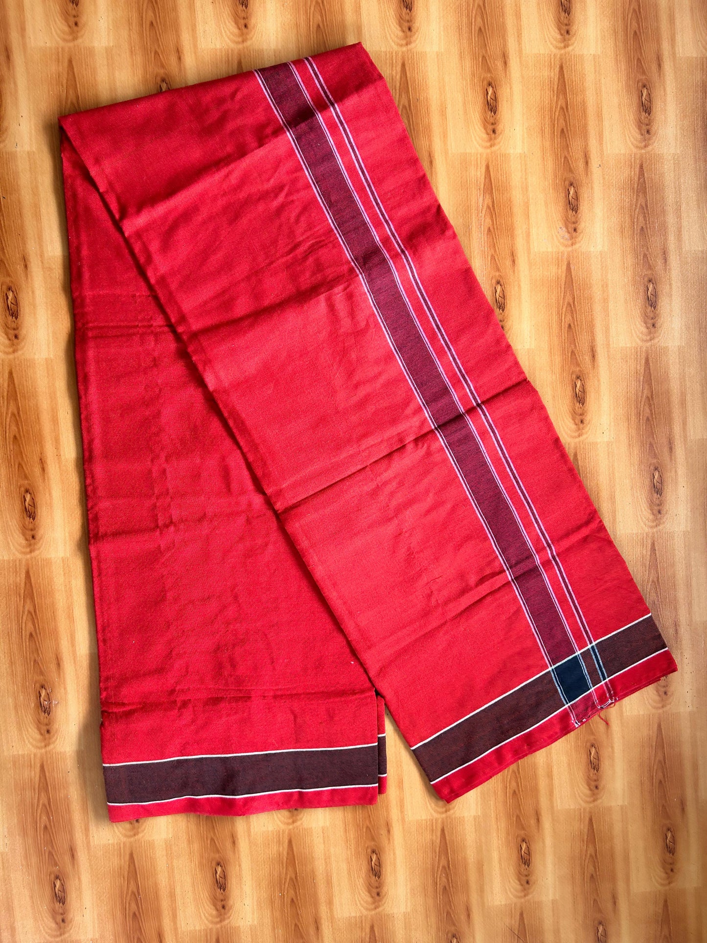 Orange Red Lungi Handloom - KaithariKada Kerala Handloom Single Mundu/Dhoti - Mixed Cotton 2/60x40s Thread - Red Body 1.25 inch Black White Striped Kara - 7 KK8073 KAL