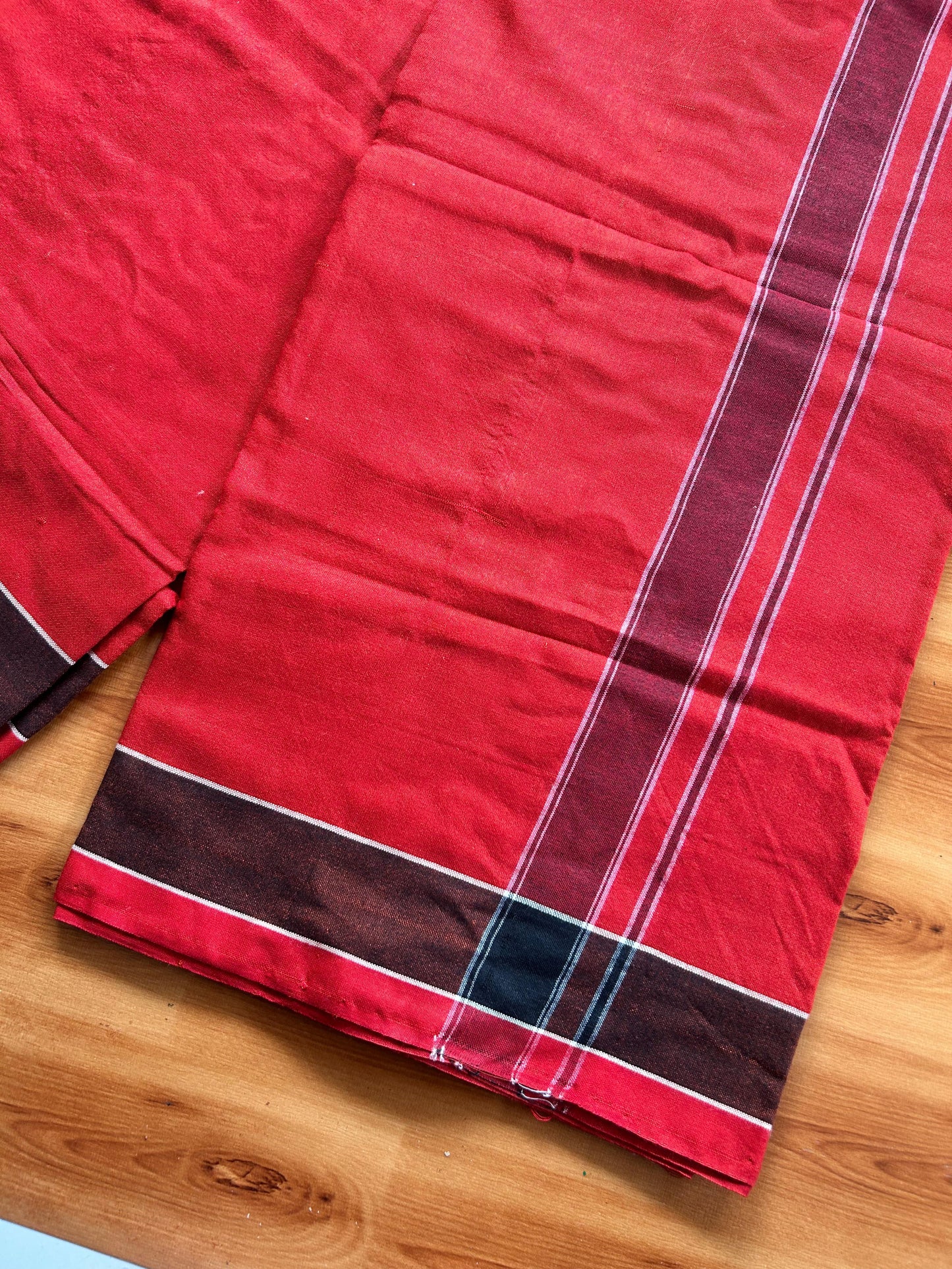 Orange Red Lungi Handloom - KaithariKada Kerala Handloom Single Mundu/Dhoti - Mixed Cotton 2/60x40s Thread - Red Body 1.25 inch Black White Striped Kara - 7 KK8073 KAL