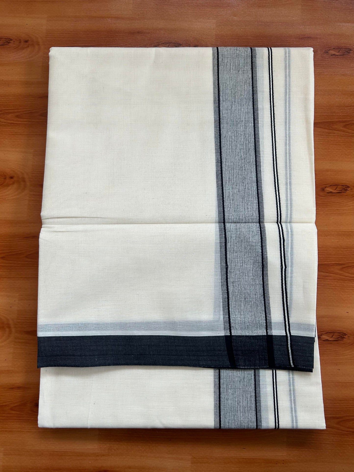 Double Off White Mundu/Dhoti- 20% Discount! KaithariKada Balaramapuram 100% Cotton - 60s - 1.25 inch Black Shaded Kara 4 mtr (8.5 muzham) - 18 KK5398 PMC