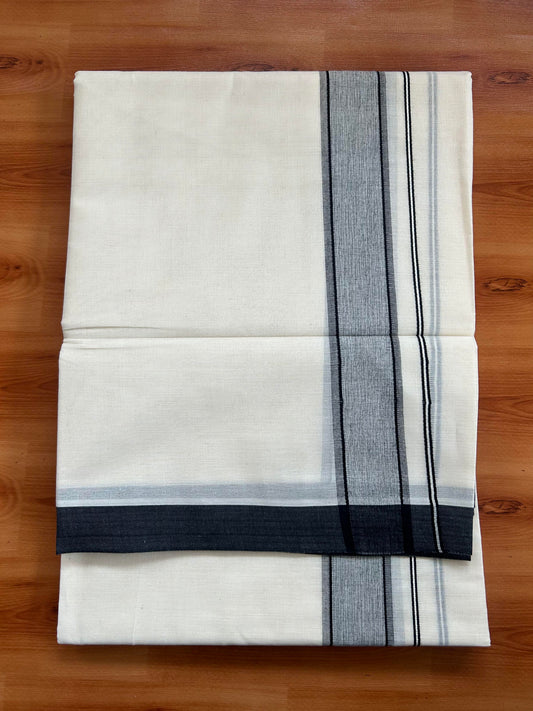 Double Off White Mundu/Dhoti- 20% Discount! KaithariKada Balaramapuram 100% Cotton - 60s - 1.25 inch Black Shaded Kara 4 mtr (8.5 muzham) - 18 KK5398 PMC