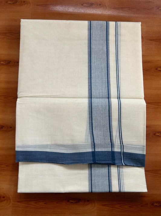 Double Off White Mundu/Dhoti- 20% Discount! KaithariKada Balaramapuram 100% Cotton - 60s - 1.25 inch Blue Shaded Kara 4 mtr (8.5 muzham) - 21 KK5398 PMC