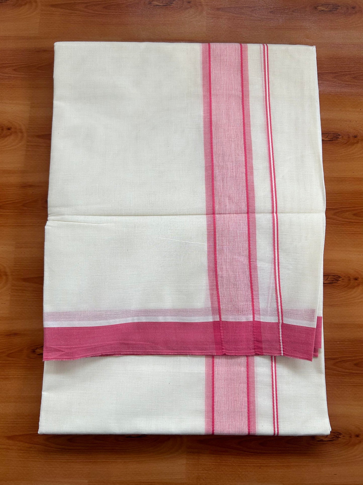 Double Off White Mundu/Dhoti- 20% Discount! KaithariKada Balaramapuram 100% Cotton - 60s - 1.25 inch Pink Shaded Kara 4 mtr (8.5 muzham) - 17 KK5398 PMC