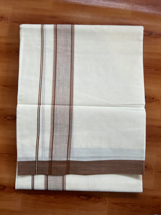 Double Off White Mundu/Dhoti- 20% Discount! KaithariKada Balaramapuram 100% Cotton - 60s - 1.25 inch Brown Shaded Kara 4 mtr (8.5 muzham) - 19 KK5398 PMC