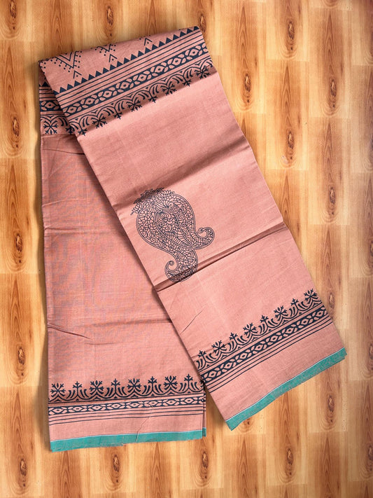Single Kaily / Lungi - Pure Cotton - (40s) -  Green kara Black Printed design with Kavi colour body (2 meter / 4 muzham) - 5 KK8071 GAN