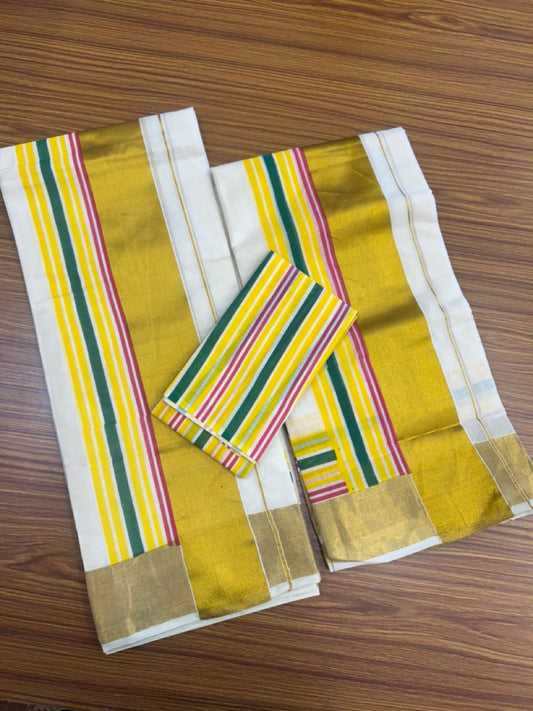 20% Discount!! KaithariKada - Kerala Pure Cotton OFF WHITE Single Set Mundu with Blouse Piece - EXTRA LENGTH - Gold Kasavu Yellow,Green & Magenta Stripes Big Kara - 27KK5172PMC