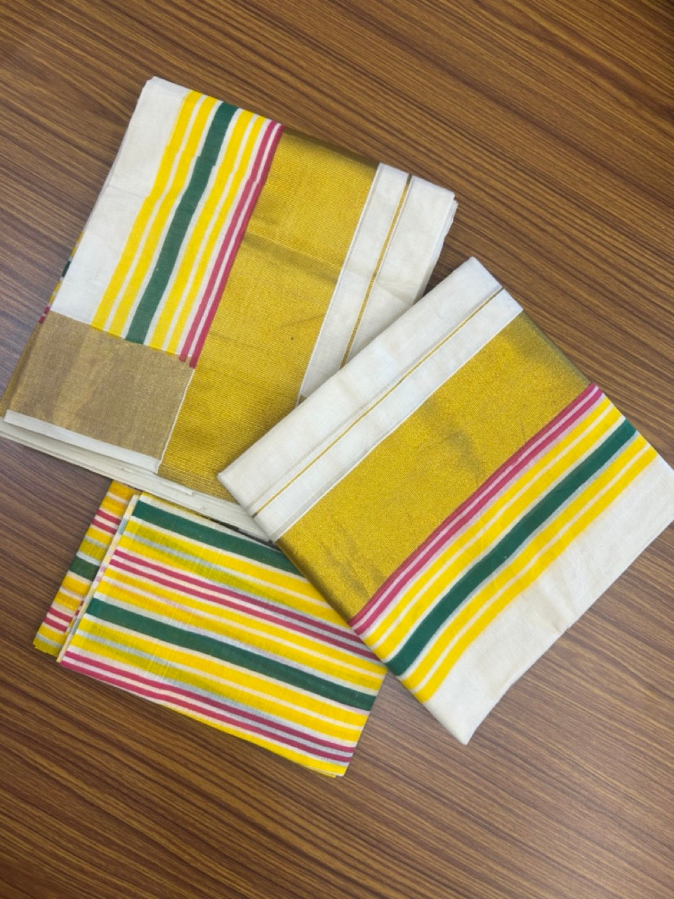 20% Discount!! KaithariKada - Kerala Pure Cotton OFF WHITE Single Set Mundu with Blouse Piece - EXTRA LENGTH - Gold Kasavu Yellow,Green & Magenta Stripes Big Kara - 27KK5172PMC