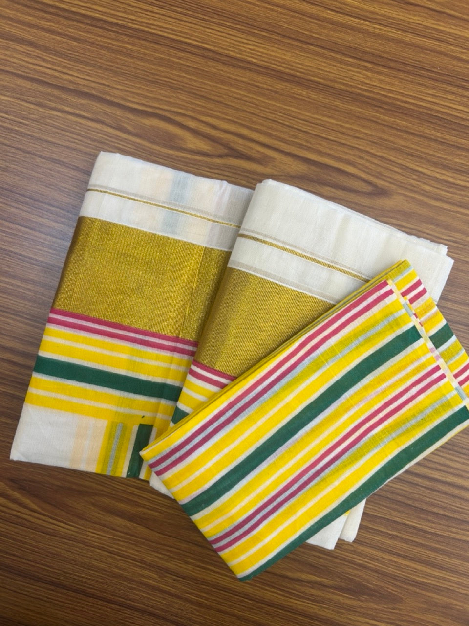 20% Discount!! KaithariKada - Kerala Pure Cotton OFF WHITE Single Set Mundu with Blouse Piece - EXTRA LENGTH - Gold Kasavu Yellow,Green & Magenta Stripes Big Kara - 27KK5172PMC