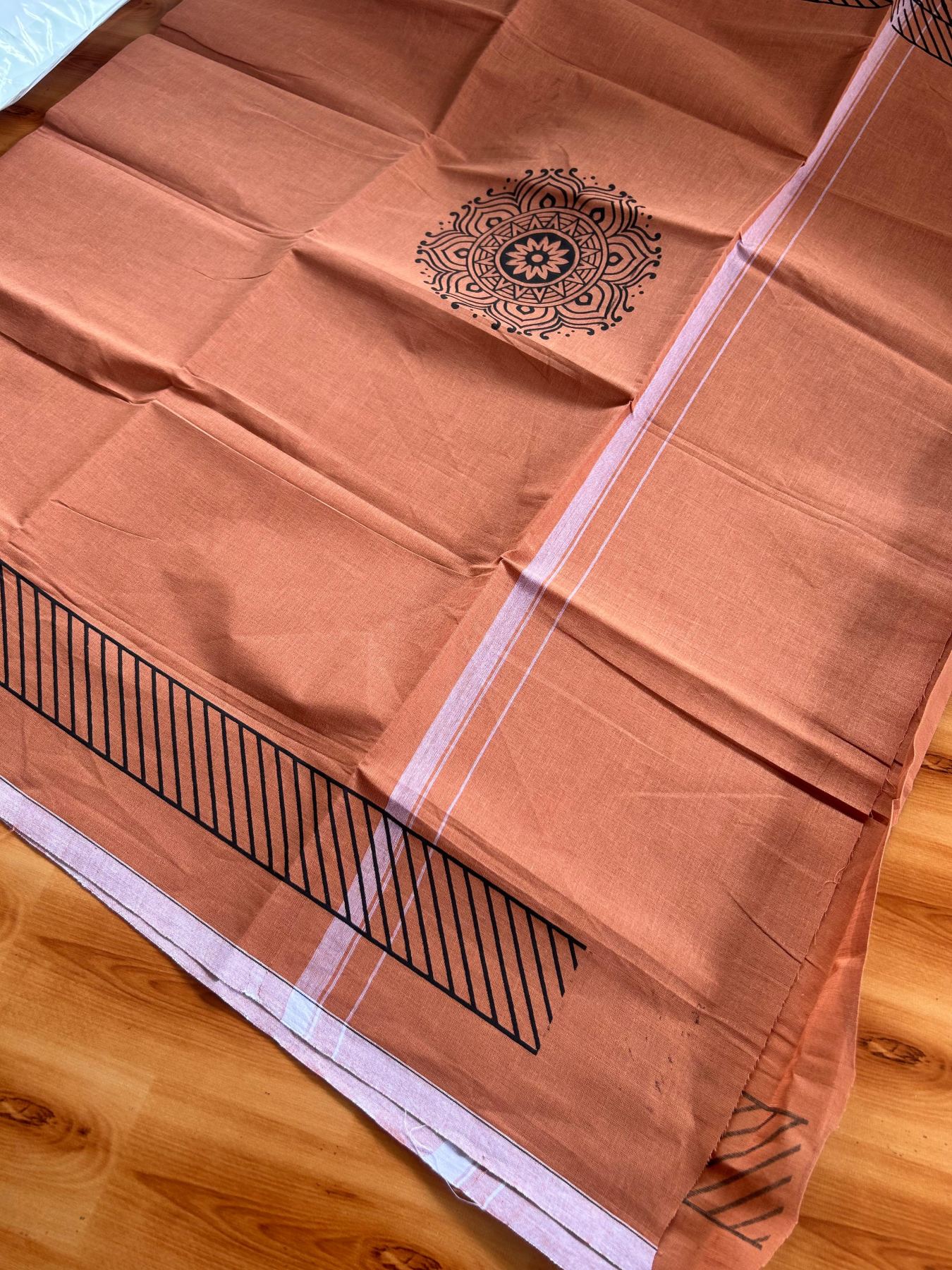 Single Kaily / Lungi - Pure Cotton - (40s) -  White kara Black Printed design with Kavi colour body (2 meter / 4 muzham) - 8 KK8071 GAN