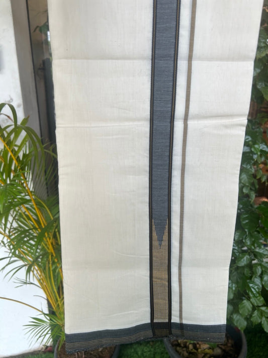 25% DISCOUNT!! KaithariKada HANDLOOM  UNAKKUPAAV Balaramapuram - 100% PURE Cotton OFF White - (Unbleached) Double Mundu/Dothi - 1.5 inch Puliyilakkara Black & Mustard Yellow striped chutty  - 33KK5167REA