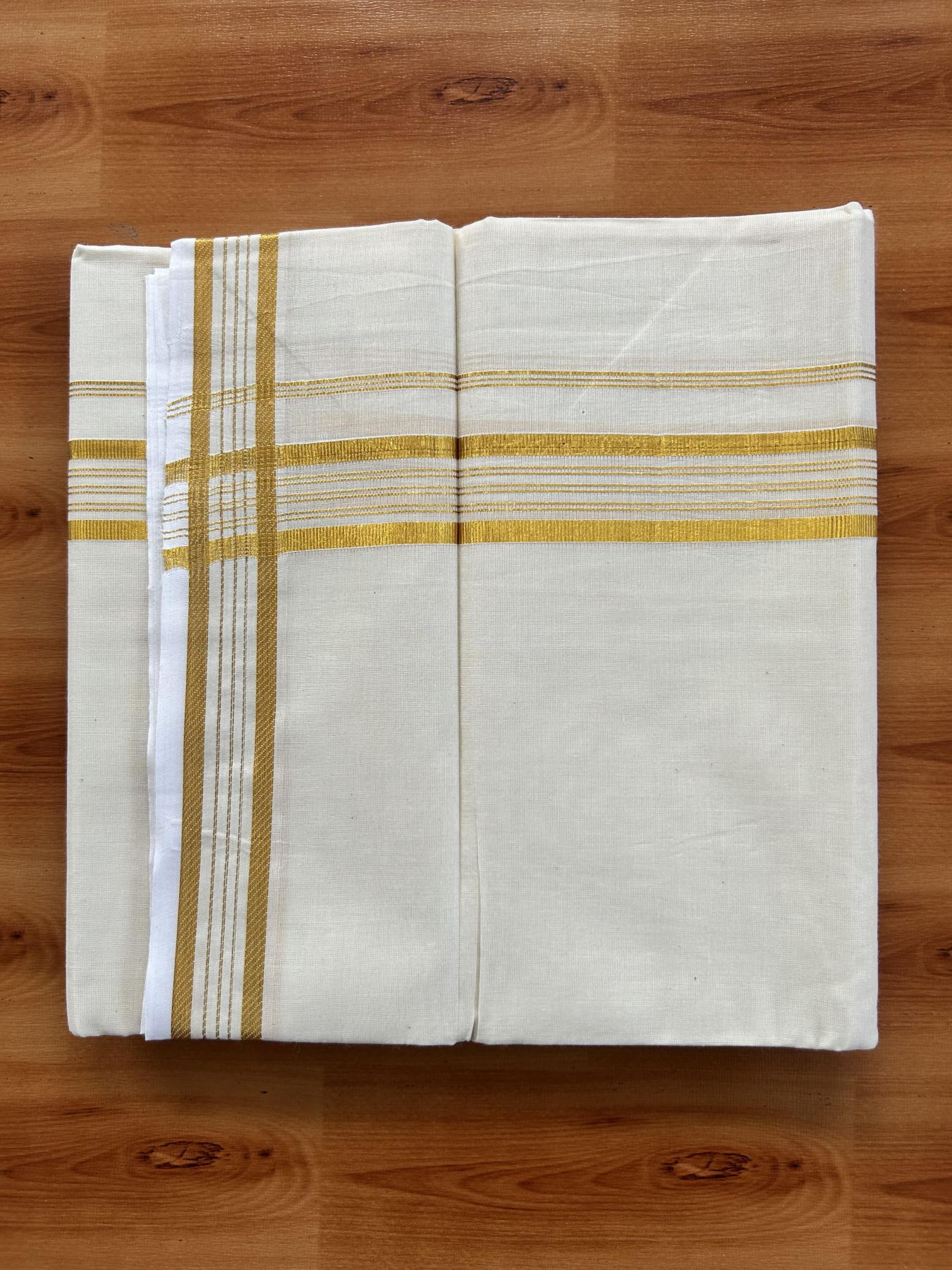 Double Off White (Unbleached) Mundu/Dothi- 20% Discount! Kaitharikada Balaramapuram Pure Cotton - 100x80 - 0.75 inch Gold Kasav Striped Kara 4 mtr (8.5 muzham) -  4 KK5452 THI