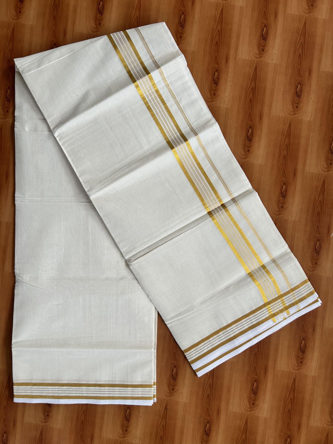 Double Off White (Unbleached) Mundu/Dothi- 20% Discount! Kaitharikada Balaramapuram Pure Cotton - 100x80 - 0.75 inch Gold Kasav Striped Kara 4 mtr (8.5 muzham) -  4 KK5452 THI
