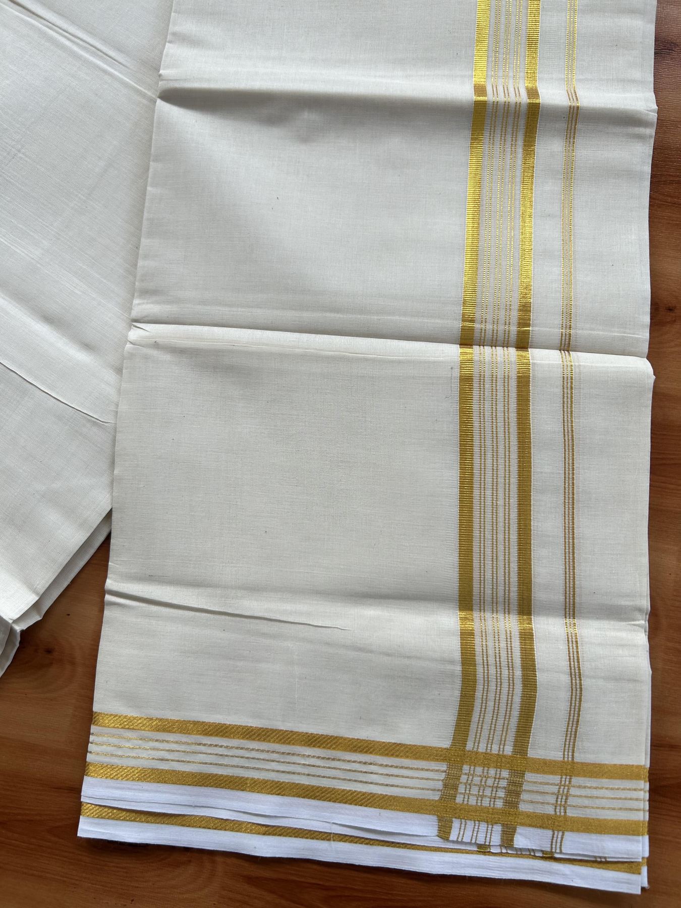 Double Off White (Unbleached) Mundu/Dothi- 20% Discount! Kaitharikada Balaramapuram Pure Cotton - 100x80 - 0.75 inch Gold Kasav Striped Kara 4 mtr (8.5 muzham) -  4 KK5452 THI