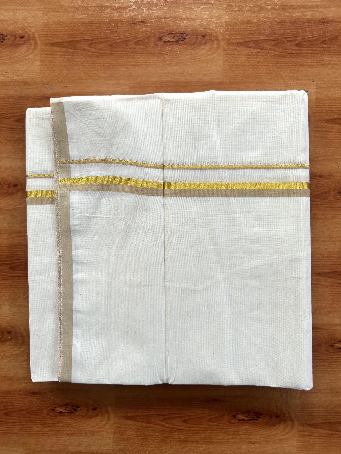 Double Off White (Unbleached) Mundu/Dothi- 20% Discount! Kaitharikada Balaramapuram Pure Cotton - 100x80 - 0.75 inch Gold Kasav & Beige Kara 4 mtr (8.5 muzham) -  3 KK5452 THI