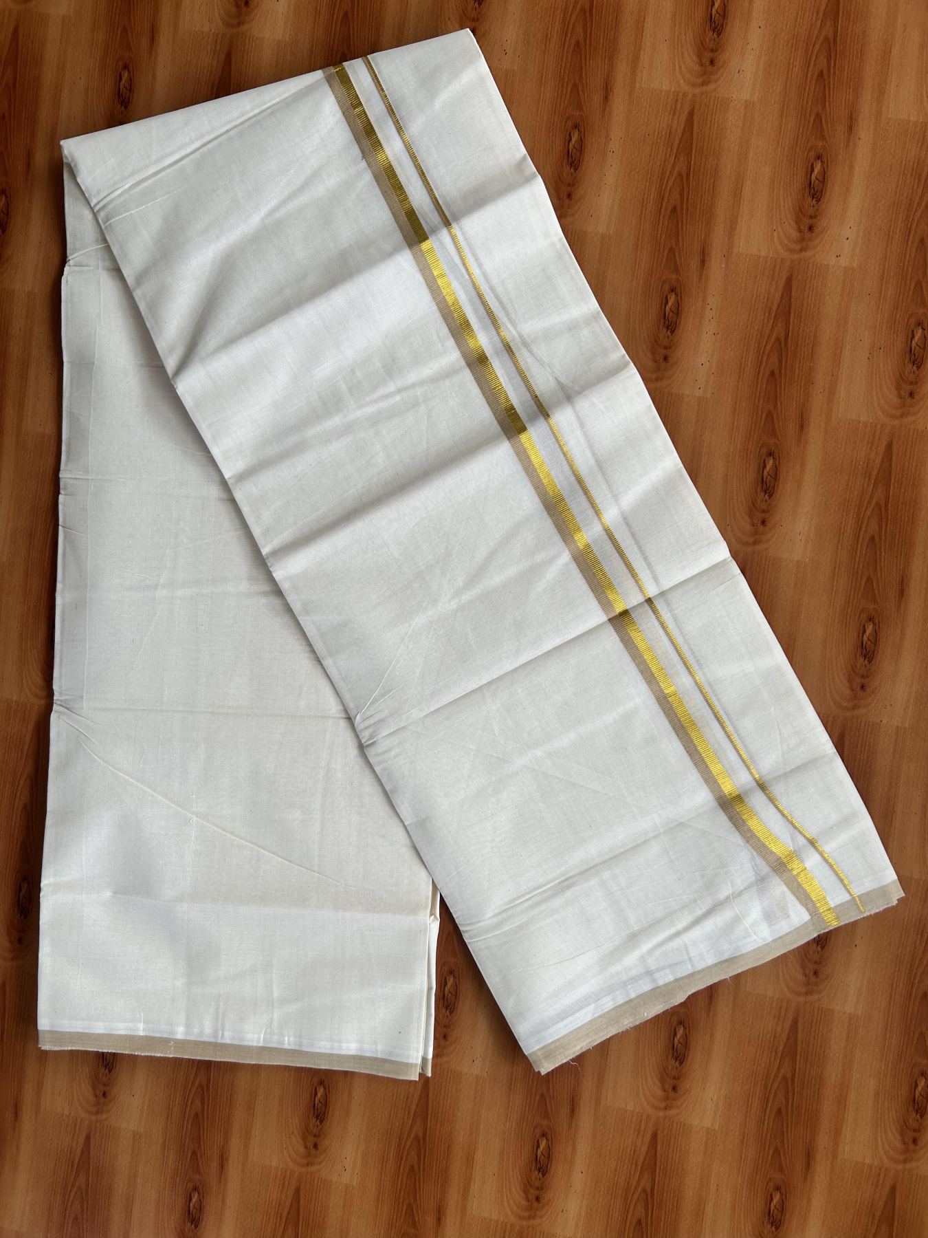 Double Off White (Unbleached) Mundu/Dothi- 20% Discount! Kaitharikada Balaramapuram Pure Cotton - 100x80 - 0.75 inch Gold Kasav & Beige Kara 4 mtr (8.5 muzham) -  3 KK5452 THI