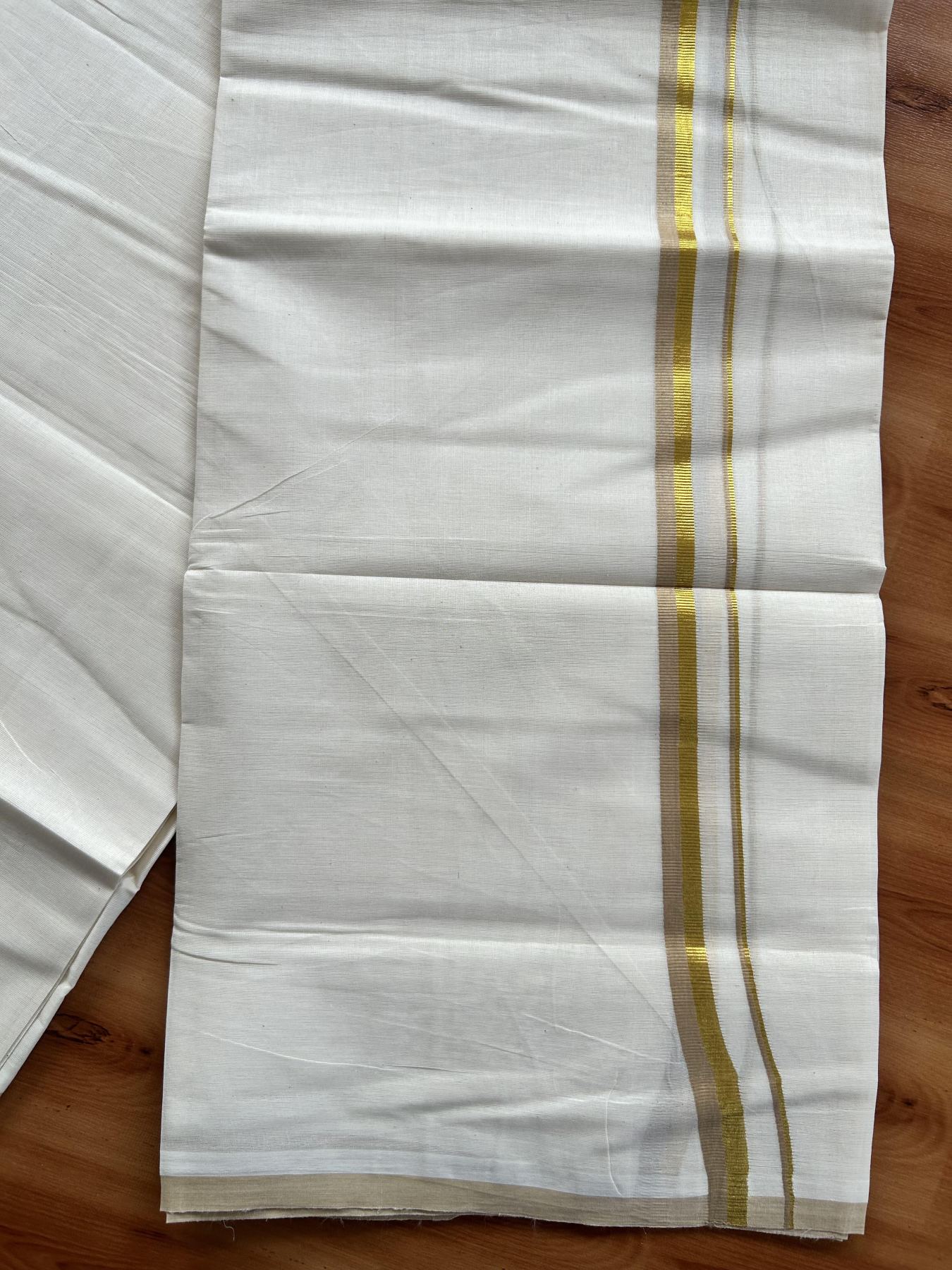 Double Off White (Unbleached) Mundu/Dothi- 20% Discount! Kaitharikada Balaramapuram Pure Cotton - 100x80 - 0.75 inch Gold Kasav & Beige Kara 4 mtr (8.5 muzham) -  3 KK5452 THI