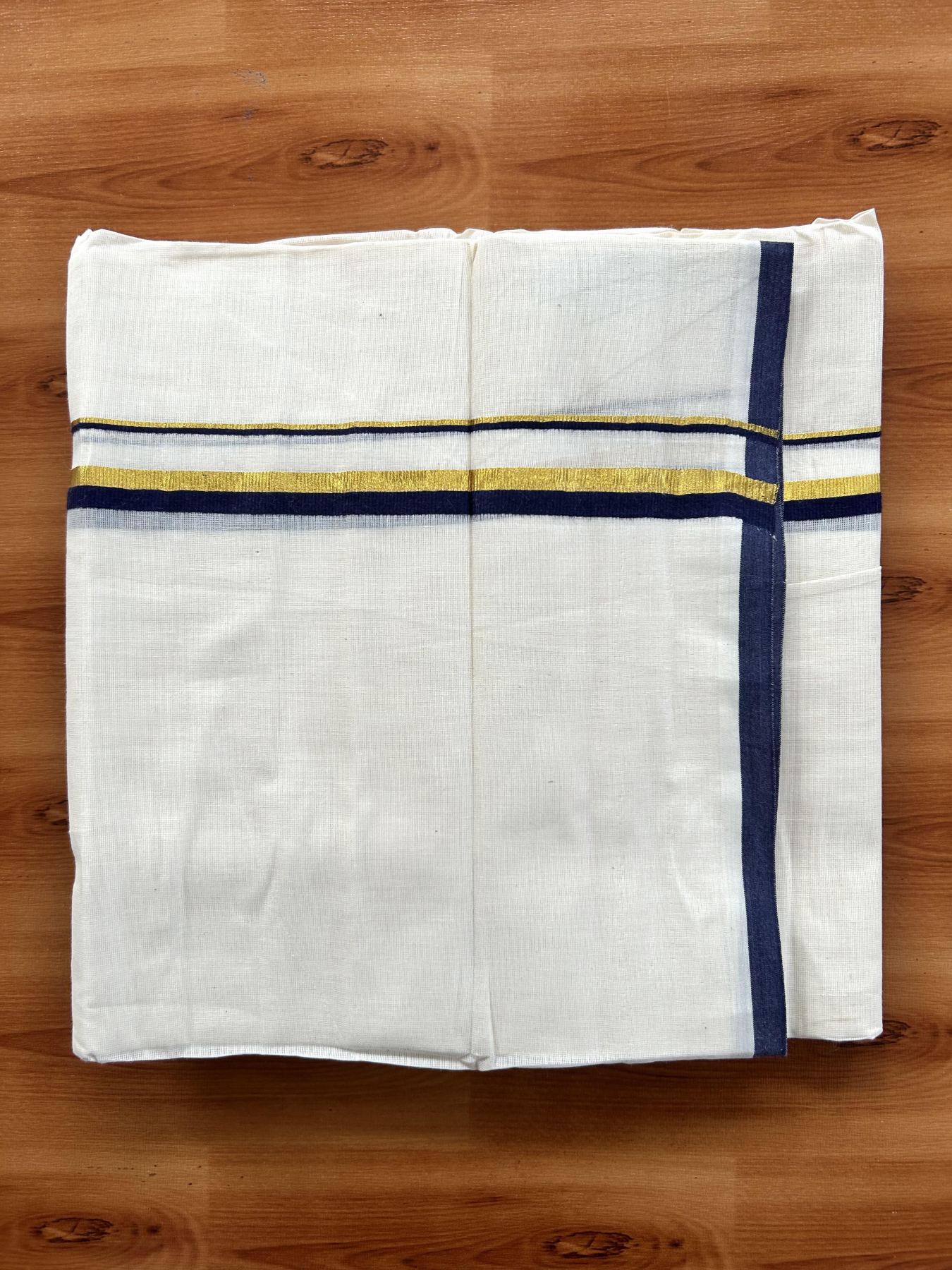 Double Off White (Unbleached) Mundu/Dothi- 20% Discount! Kaitharikada Balaramapuram Pure Cotton - 100x80 - 0.75 inch Gold Kasav & Navy Blue Kara 4 mtr (8.5 muzham) -  2 KK5452 THI