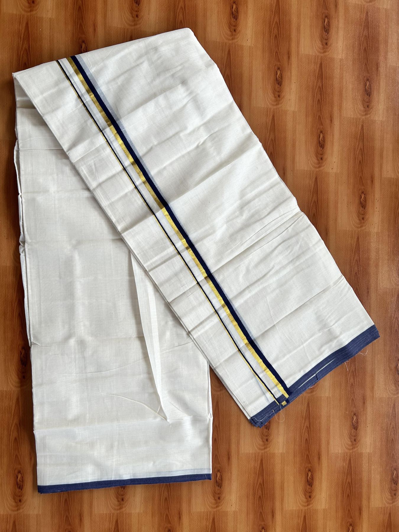 Double Off White (Unbleached) Mundu/Dothi- 20% Discount! Kaitharikada Balaramapuram Pure Cotton - 100x80 - 0.75 inch Gold Kasav & Navy Blue Kara 4 mtr (8.5 muzham) -  2 KK5452 THI