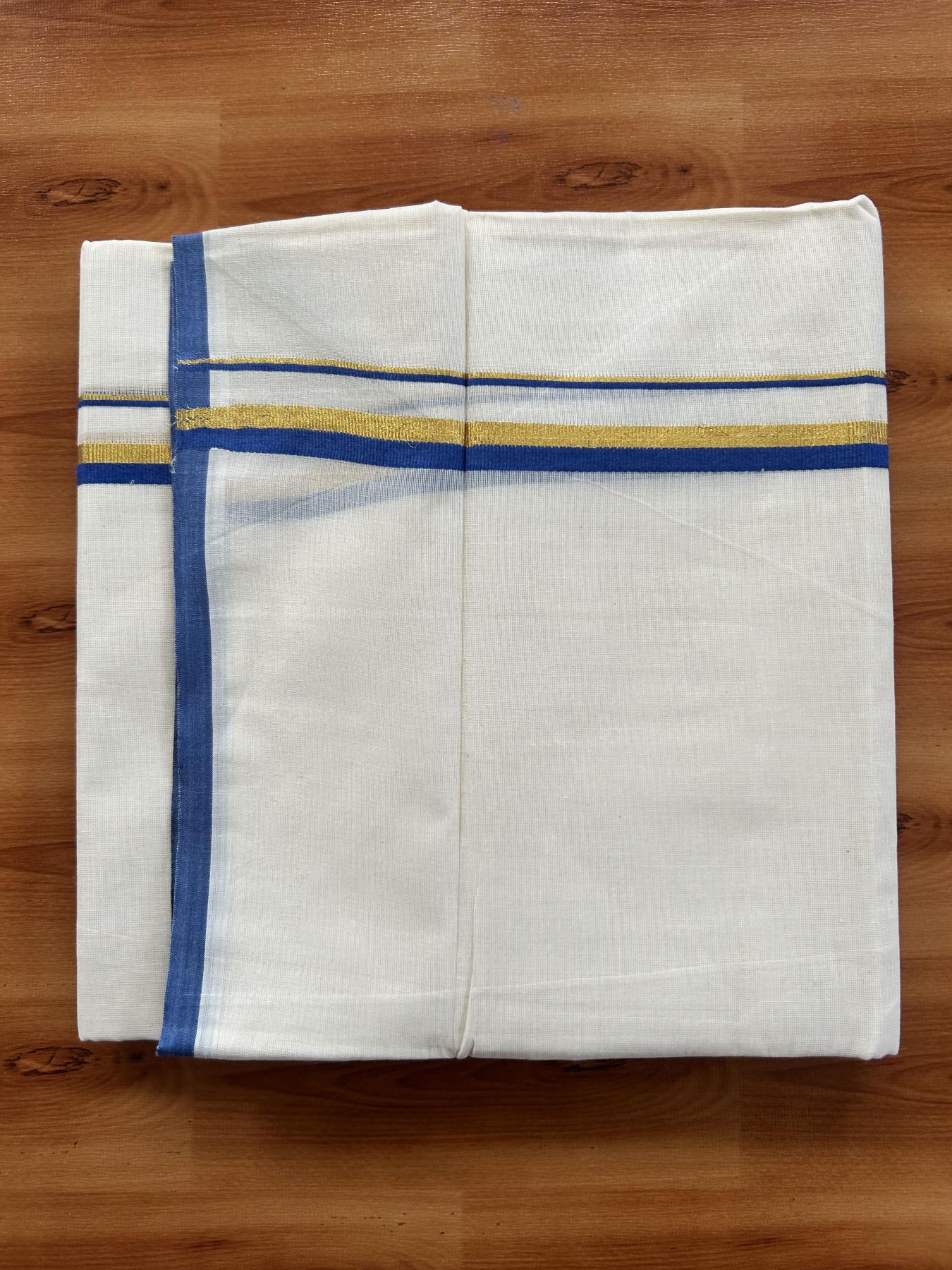 Double Off White (Unbleached) Mundu/Dothi- 20% Discount! Kaitharikada Balaramapuram Pure Cotton - 100x80 - 0.75 inch Gold Kasav & Blue Kara 4 mtr (8.5 muzham) -  1 KK5452 THI