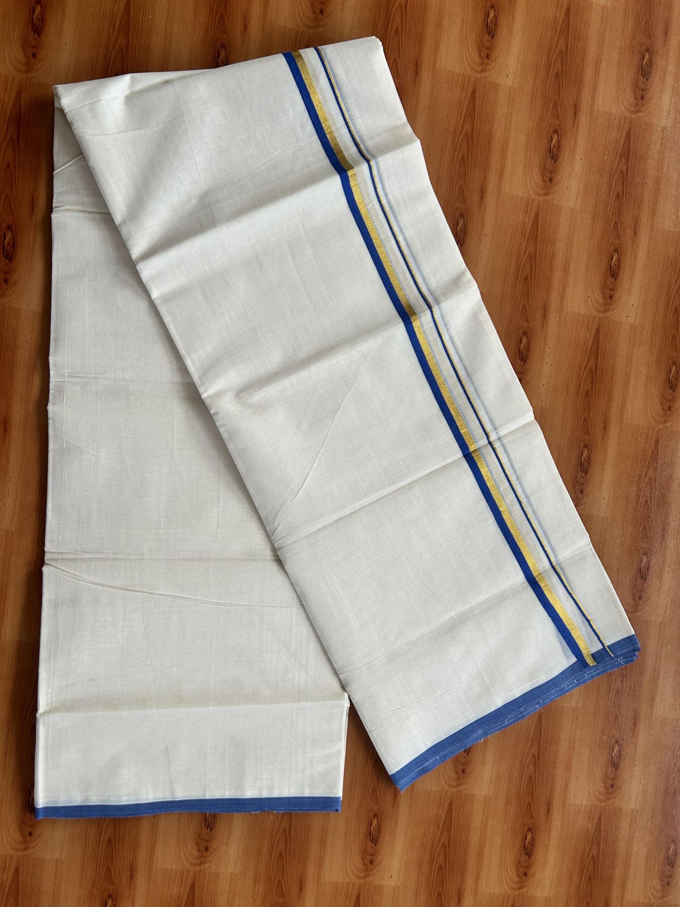 Double Off White (Unbleached) Mundu/Dothi- 20% Discount! Kaitharikada Balaramapuram Pure Cotton - 100x80 - 0.75 inch Gold Kasav & Blue Kara 4 mtr (8.5 muzham) -  1 KK5452 THI
