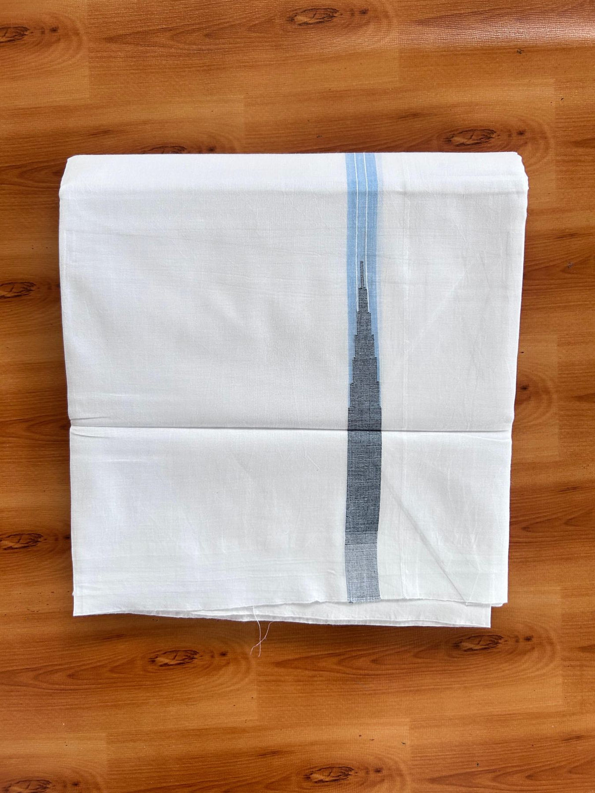 Double Pure White Mundu/Dhoti - 20% Discount !! KaithariKada Balaramapuram 100% Cotton - 100x80 - 0.75 inch Sky Blue & Black Stripes Temple Chutty Kara 3.90 mtr (8 muzham) - 18 KK5518 VAS