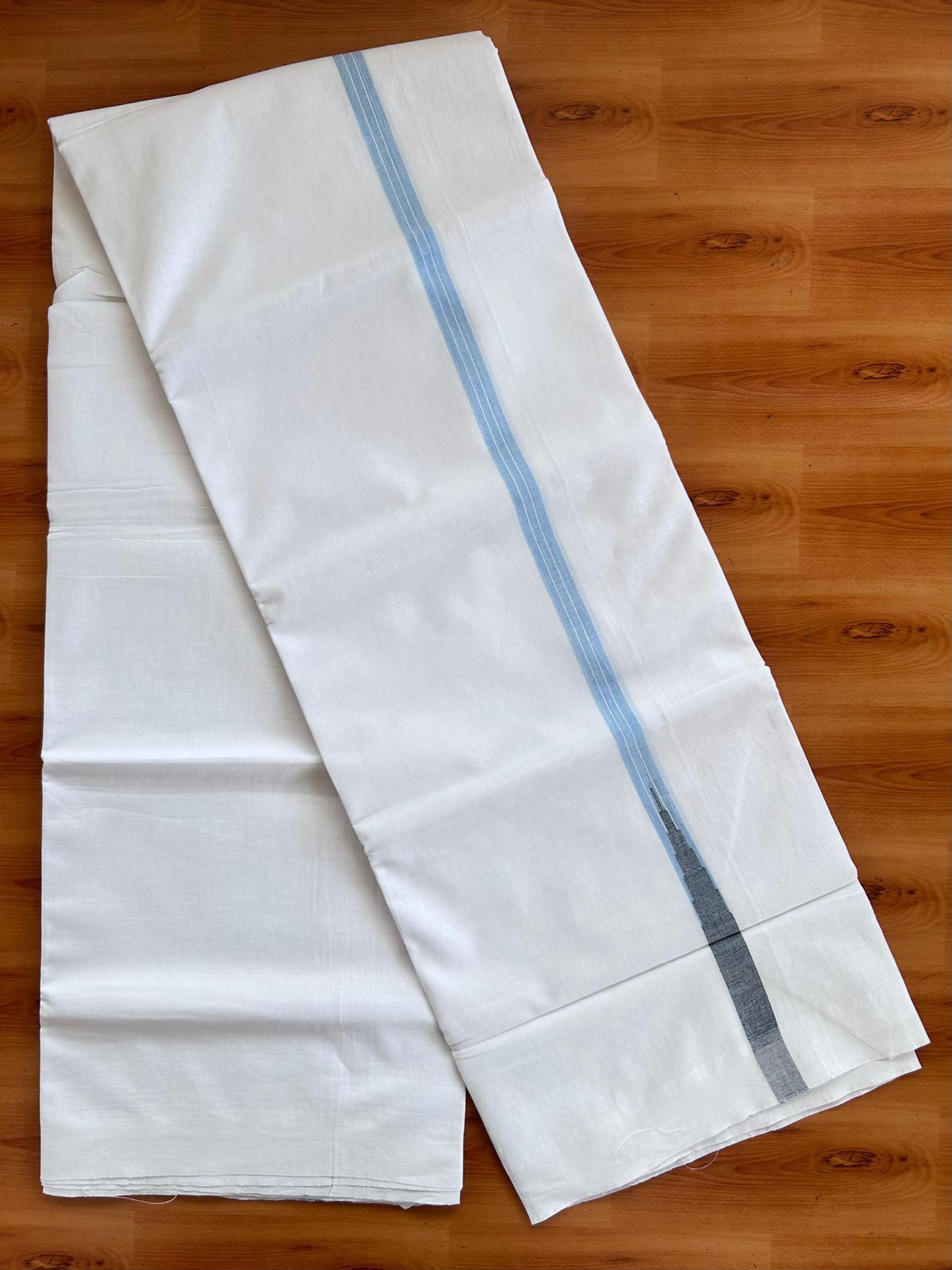 Double Pure White Mundu/Dhoti - 20% Discount !! KaithariKada Balaramapuram 100% Cotton - 100x80 - 0.75 inch Sky Blue & Black Stripes Temple Chutty Kara 3.90 mtr (8 muzham) - 18 KK5518 VAS