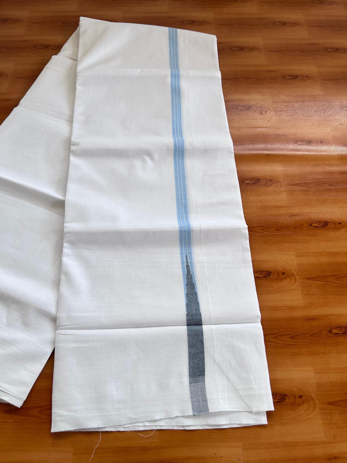 Double Pure White Mundu/Dhoti - 20% Discount !! KaithariKada Balaramapuram 100% Cotton - 100x80 - 0.75 inch Sky Blue & Black Stripes Temple Chutty Kara 3.90 mtr (8 muzham) - 18 KK5518 VAS