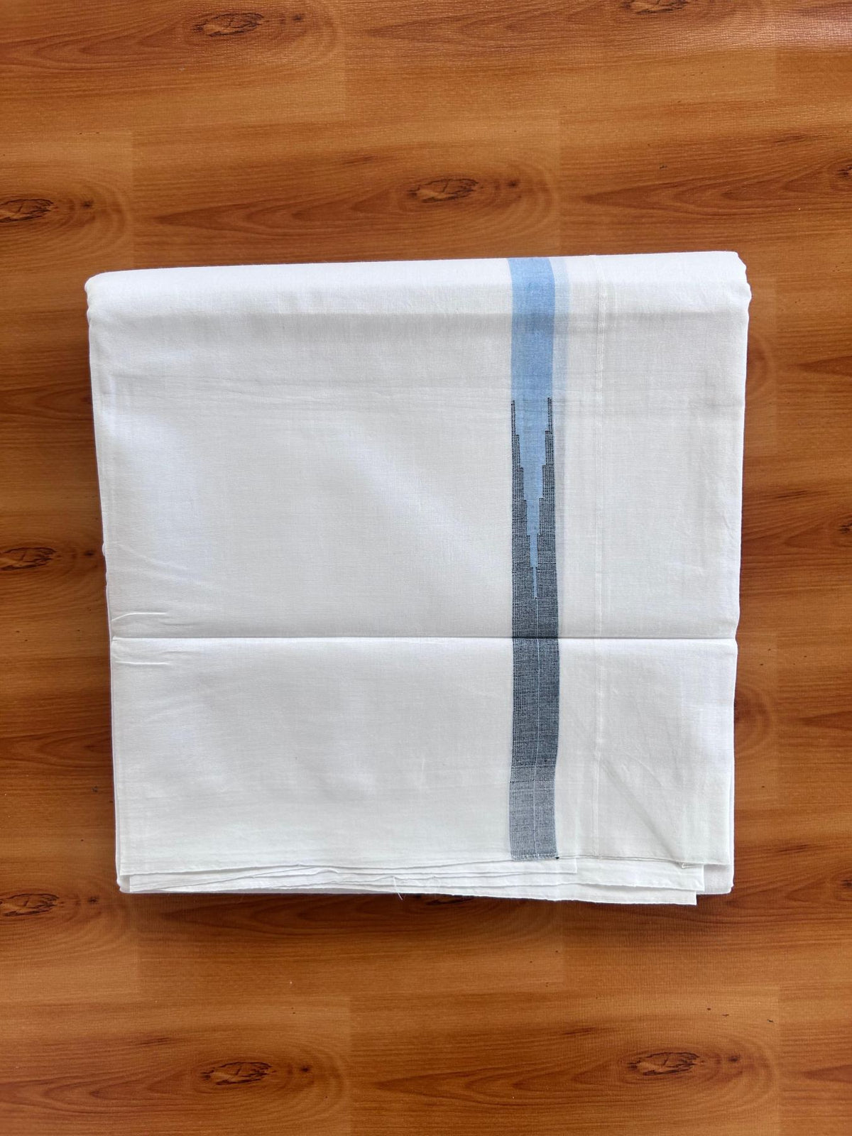 Double Pure White Mundu/Dhoti - 20% Discount !! KaithariKada Balaramapuram 100% Cotton - 100x80 - 0.75 inch Sky Blue & Black Chutty Kara 3.90 mtr (8 muzham) - 17 KK5518 VAS