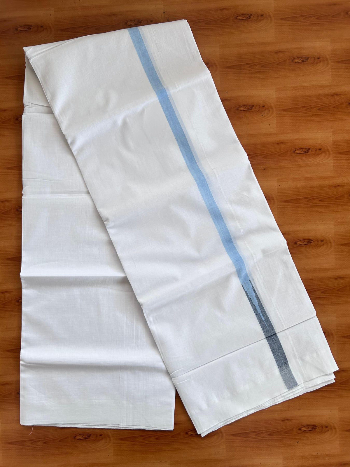 Double Pure White Mundu/Dhoti - 20% Discount !! KaithariKada Balaramapuram 100% Cotton - 100x80 - 0.75 inch Sky Blue & Black Chutty Kara 3.90 mtr (8 muzham) - 17 KK5518 VAS