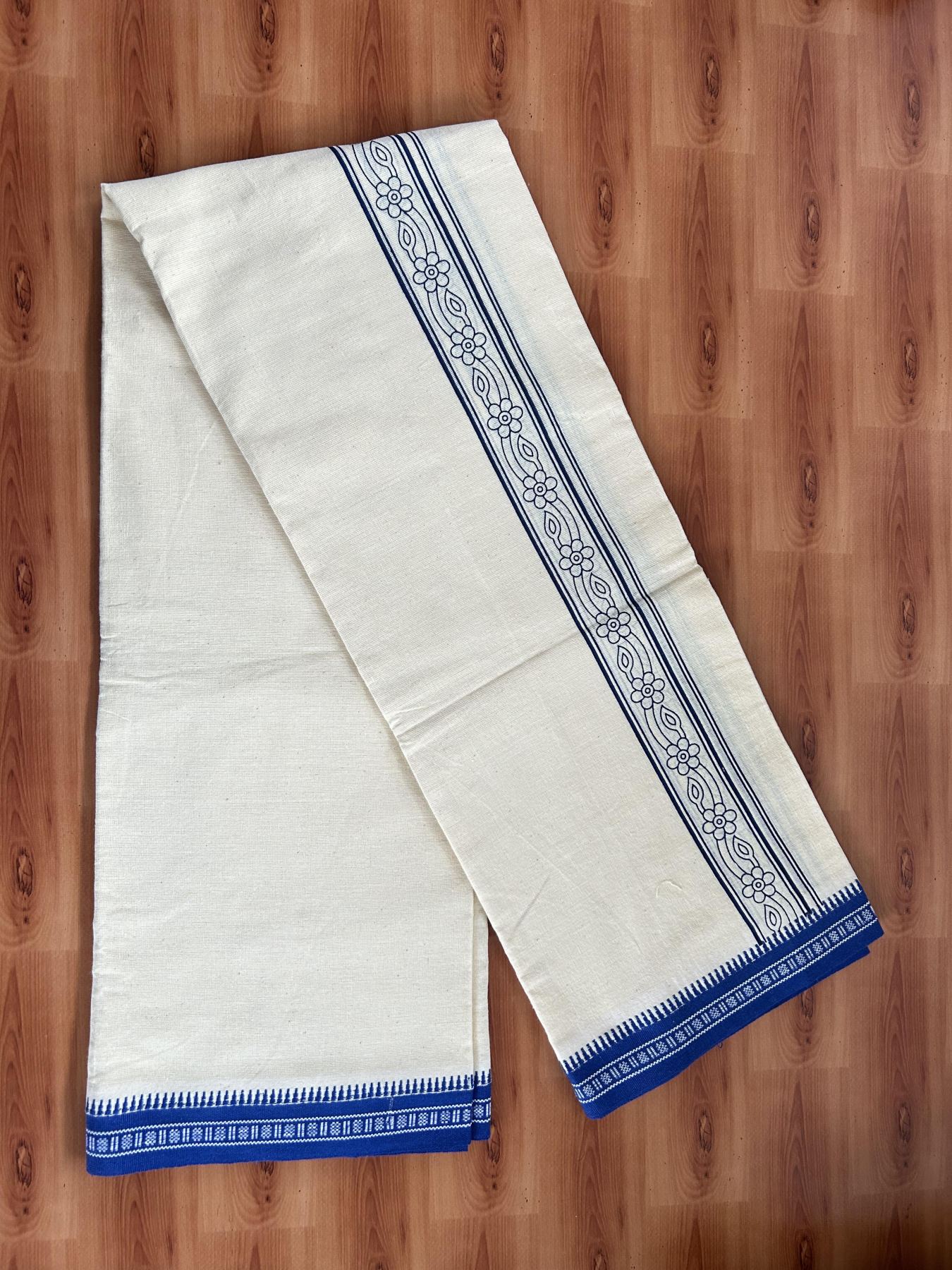 Kaitharikada - Single Kaily / Lungi -Mixed Cotton - 40s twisted - 2 inch Blue Design Printed Kuppadam Kara With Light Yellow Colour Body (2 meter / 4 muzham) - 6 KK8056 AST
