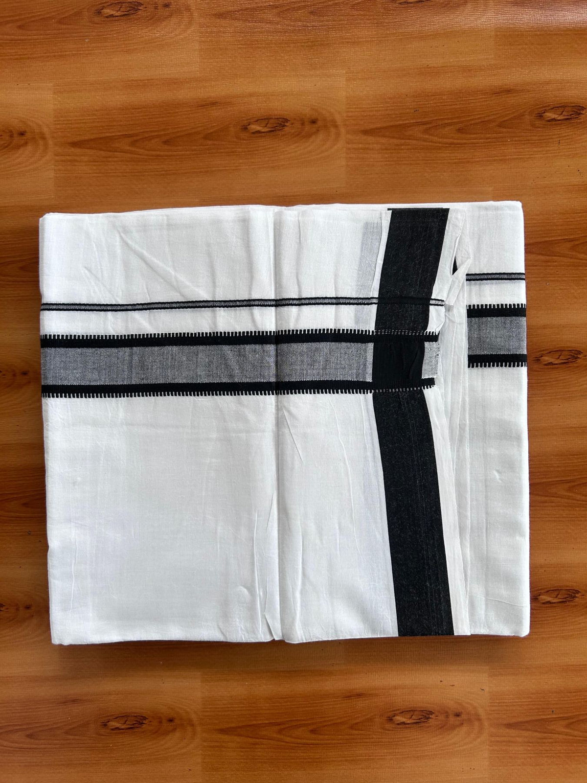 Pure white Double Mundu/Dhoti - 20% Discount! KaithariKada 100% Cotton - 100X80 - 1.25 inch Black Stripes Kara - 3.90 mtr (8.5 muzham) - 29 KK5515 CKS