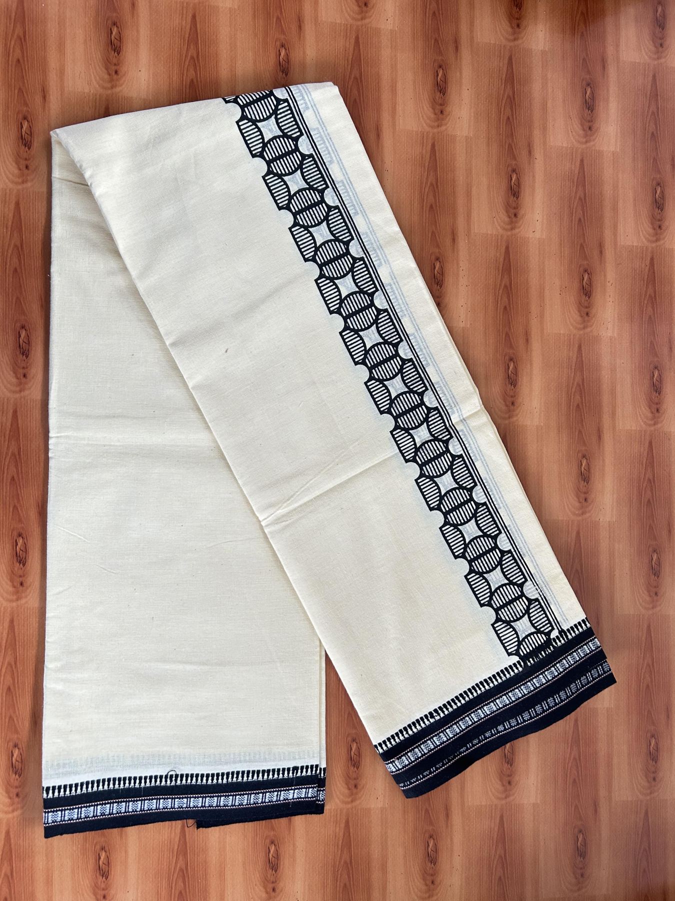 Kaitharikada - Single Kaily / Lungi -Mixed Cotton - 40s twisted - 2 inch Black Design Printed Kuppadam Kara With Light Yellow Colour Body (2 meter / 4 muzham) - 9 KK8056 AST