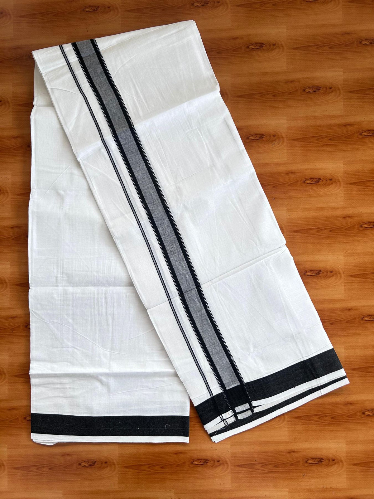 Pure white Double Mundu/Dhoti - 20% Discount! KaithariKada 100% Cotton - 100X80 - 1.25 inch Black Stripes Kara - 3.90 mtr (8.5 muzham) - 29 KK5515 CKS