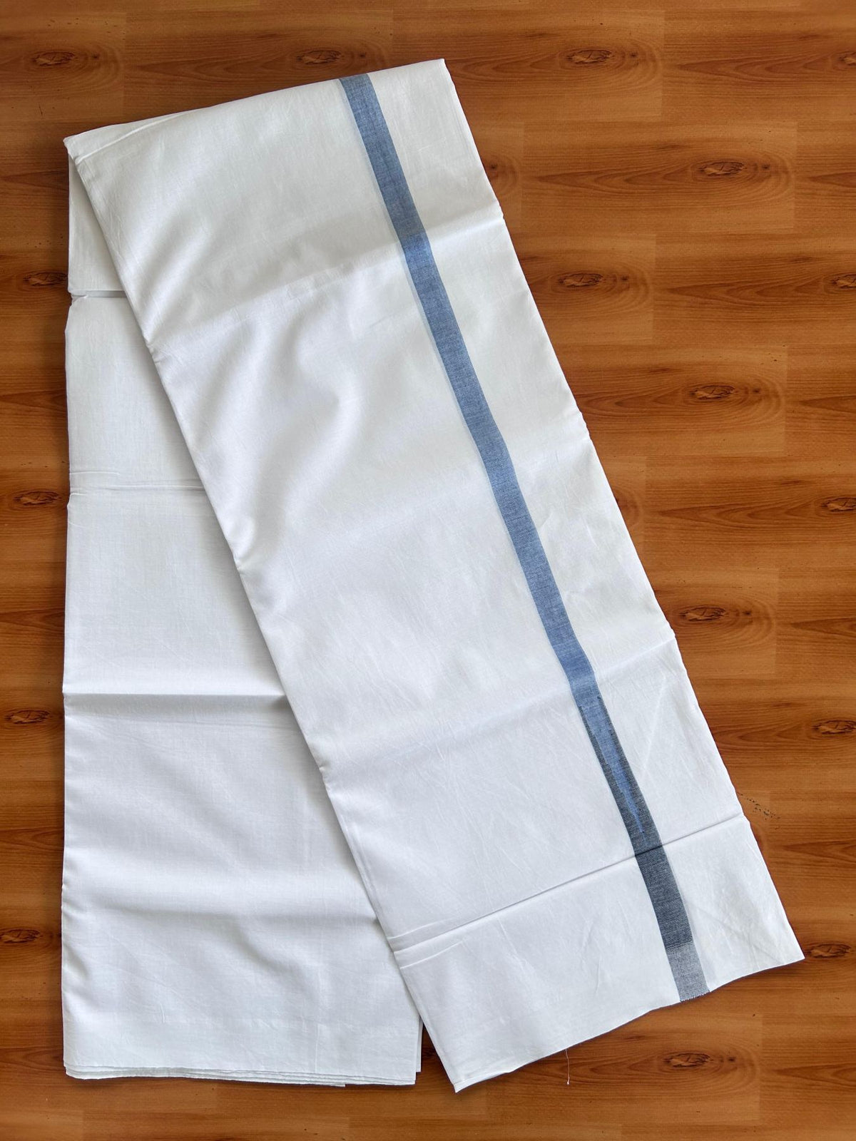 Double Pure White Mundu/Dhoti - 20% Discount !! KaithariKada Balaramapuram 100% Cotton - 100x80 - 0.75 inch Blue & Black Chutty Kara 3.90 mtr (8 muzham) - 16 KK5518 VAS