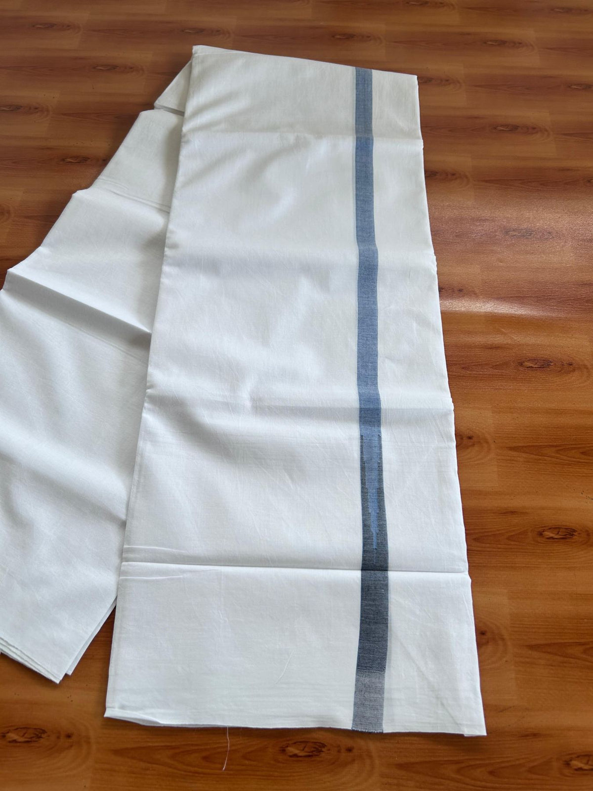 Double Pure White Mundu/Dhoti - 20% Discount !! KaithariKada Balaramapuram 100% Cotton - 100x80 - 0.75 inch Blue & Black Chutty Kara 3.90 mtr (8 muzham) - 16 KK5518 VAS