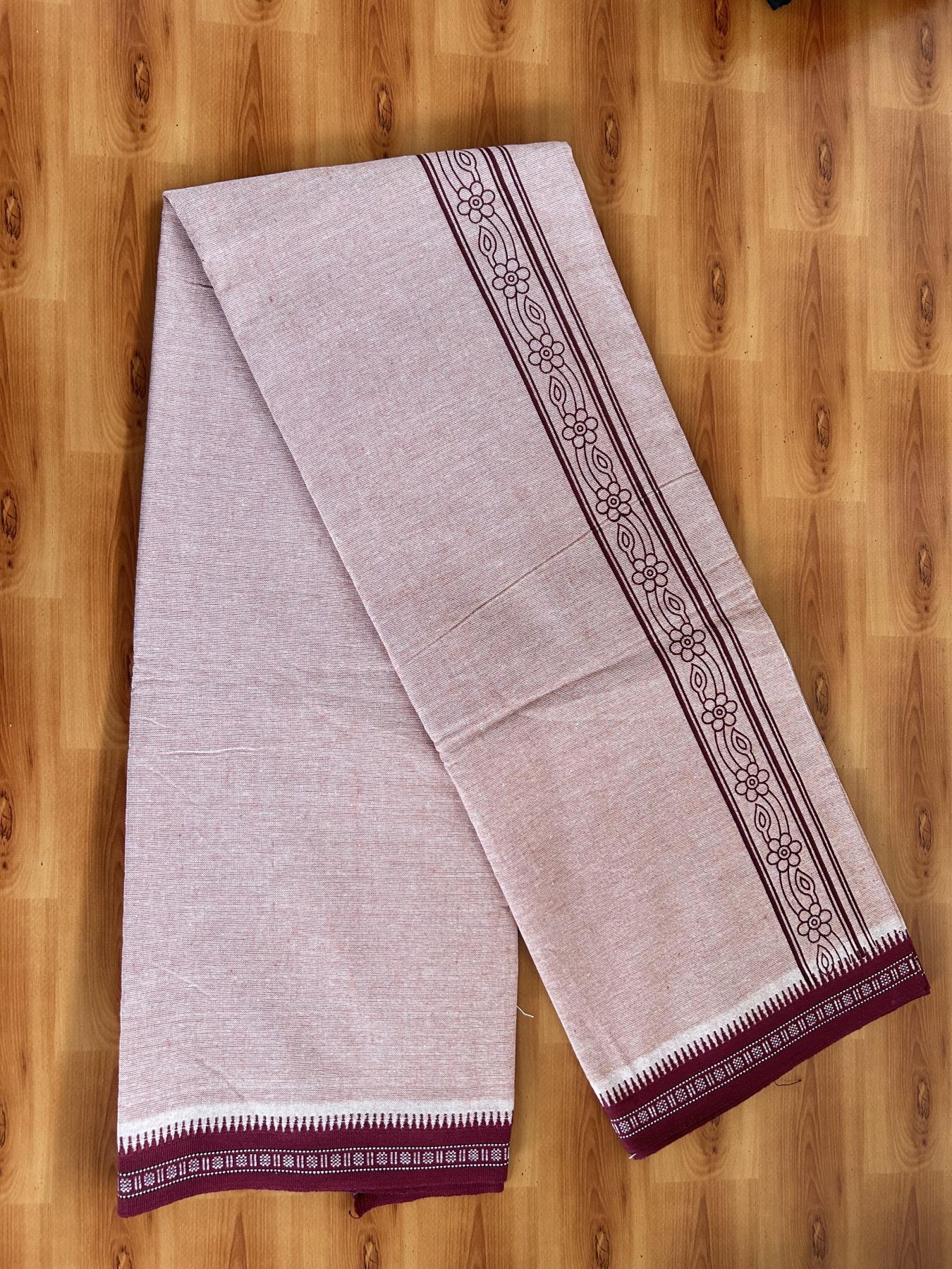 Kaitharikada - Single Kaily / Lungi -Mixed Cotton - 40s twisted - 2 inch Maroon Design Printed Kuppadam Kara With Peach Colour Body (2 meter / 4 muzham) -3 KK8056 AST