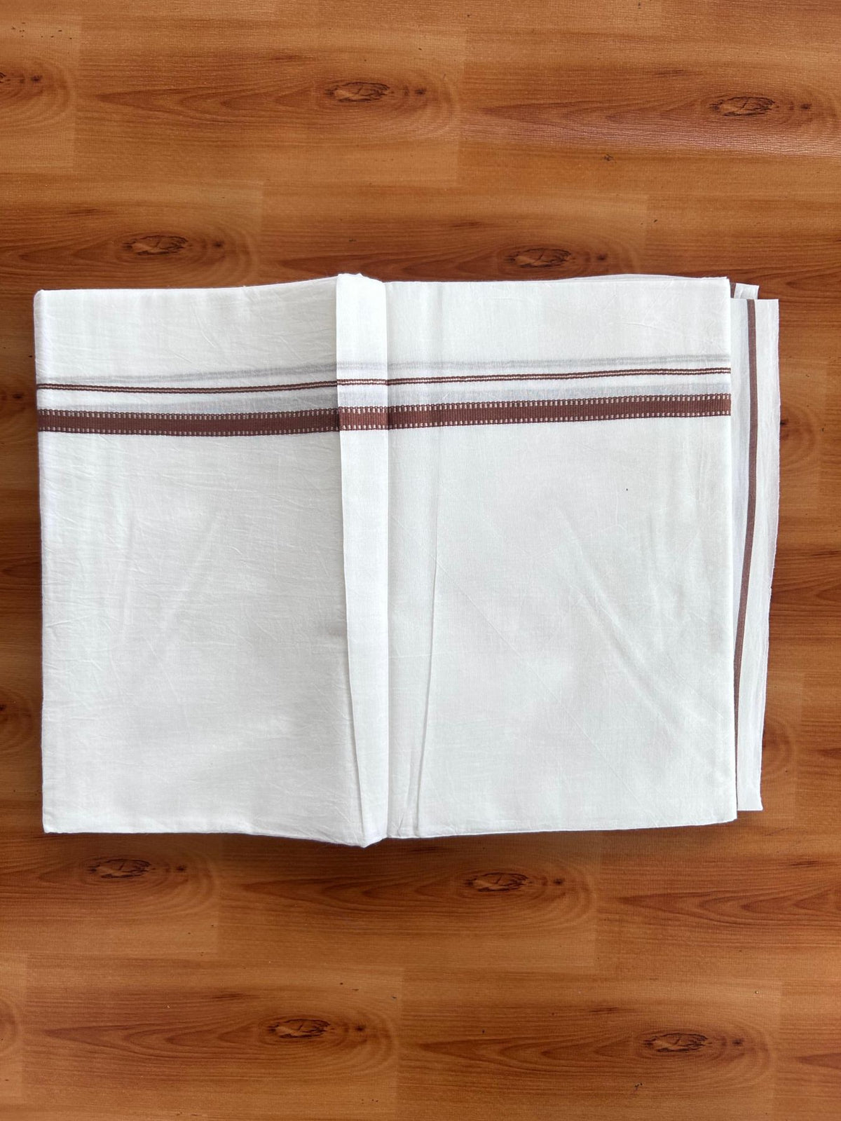 Pure white Double Mundu/Dhoti - 20% Discount! KaithariKada 100% Cotton - 100X80 - 1 cm Silver Kasav Brown Stripes Kara - 3.90 mtr (8.5 muzham) - 30 KK5515 CKS