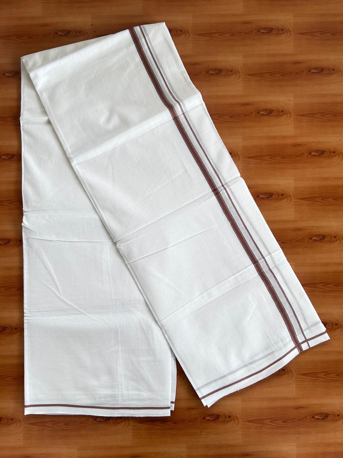 Pure white Double Mundu/Dhoti - 20% Discount! KaithariKada 100% Cotton - 100X80 - 1 cm Silver Kasav Brown Stripes Kara - 3.90 mtr (8.5 muzham) - 30 KK5515 CKS