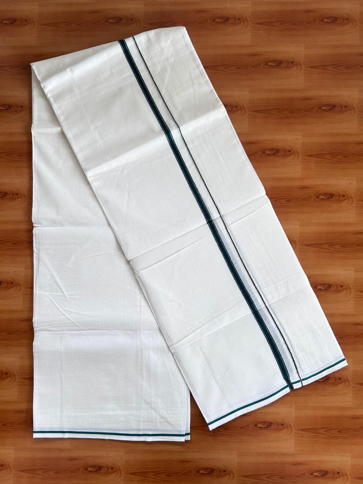 Pure white Double Mundu/Dhoti - 20% Discount! KaithariKada 100% Cotton - 100X80 - 1 cm Silver Kasav Green Stripes Kara - 3.90 mtr (8.5 muzham) - 31 KK5515 CKS