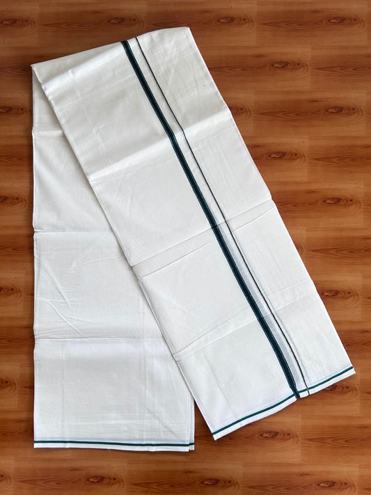 Pure white Double Mundu/Dhoti - 20% Discount! KaithariKada 100% Cotton - 100X80 - 1 cm Silver Kasav Green Stripes Kara - 3.90 mtr (8.5 muzham) - 31 KK5515 CKS