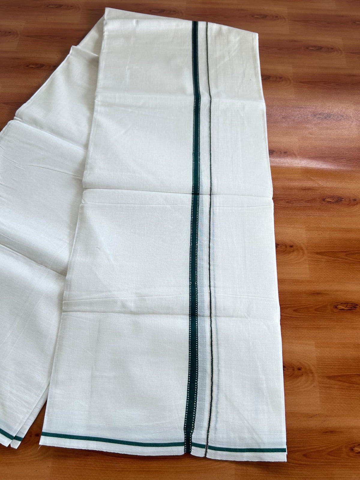 Pure white Double Mundu/Dhoti - 20% Discount! KaithariKada 100% Cotton - 100X80 - 1 cm Silver Kasav Green Stripes Kara - 3.90 mtr (8.5 muzham) - 31 KK5515 CKS