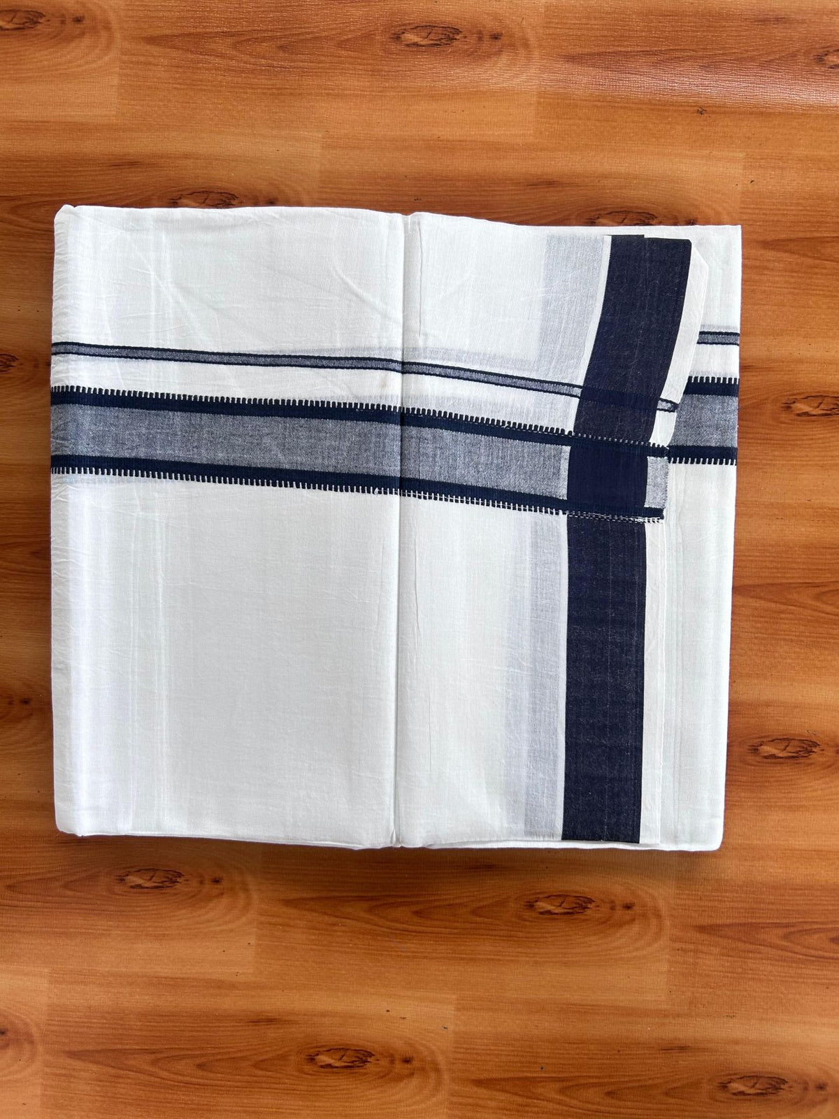 Pure white Double Mundu/Dhoti - 20% Discount! KaithariKada 100% Cotton - 100X80 - 1.25 inch Navy Blue Stripes Kara - 3.90 mtr (8.5 muzham) - 28 KK5515 CKS