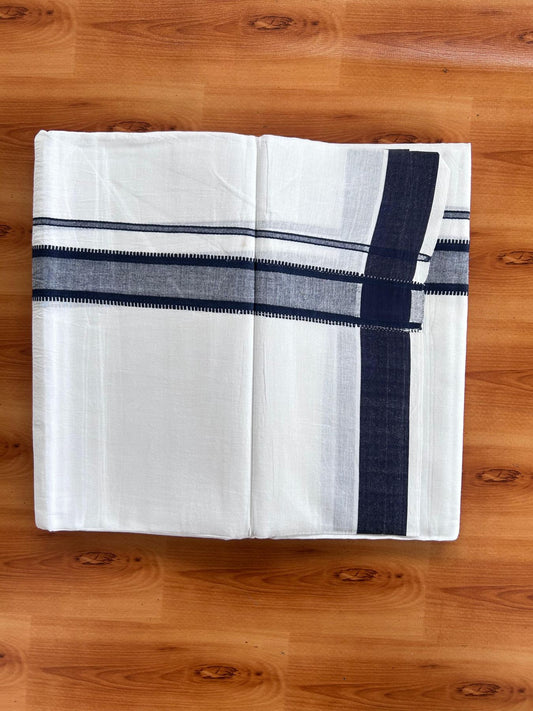 Pure white Double Mundu/Dhoti - 20% Discount! KaithariKada 100% Cotton - 100X80 - 1.25 inch Navy Blue Stripes Kara - 3.90 mtr (8.5 muzham) - 28 KK5515 CKS